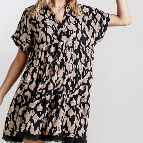 Umgee NEW Linen Blend Animal Print Collared Tiered Mini Dress Short Sleeve S M - Picture 3 of 3